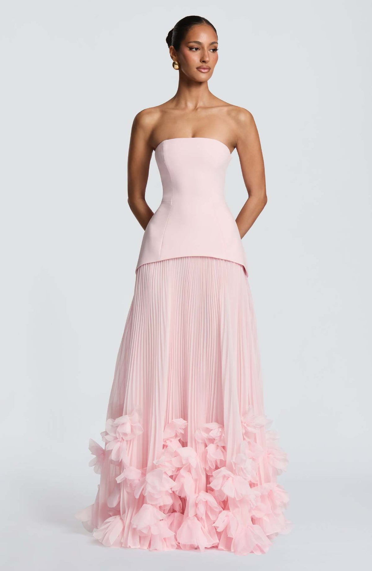 Women's Strapless 3D Floral Maxi Evening Dress - Pink