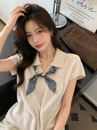 老钱风polo领丝巾短袖针织衫女初夏季韩系设计感薄款显瘦气质上衣