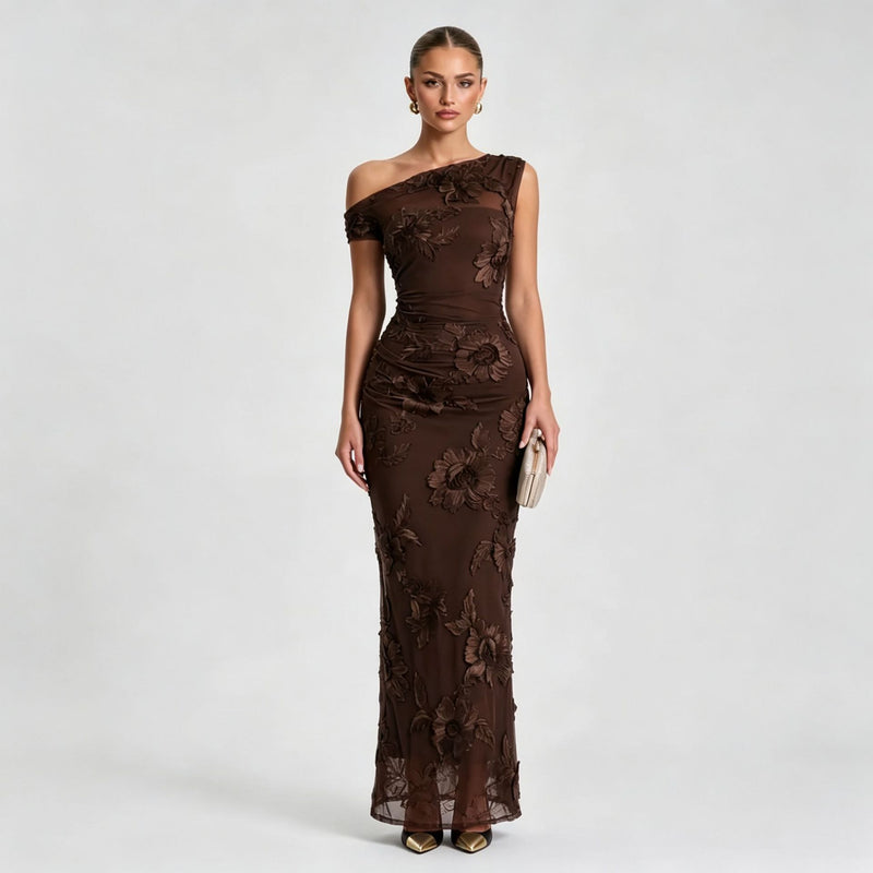 Women's One-Shoulder Mesh Mermaid Maxi Evening Dress - Dark Coffee, Double-Sided Embroidery