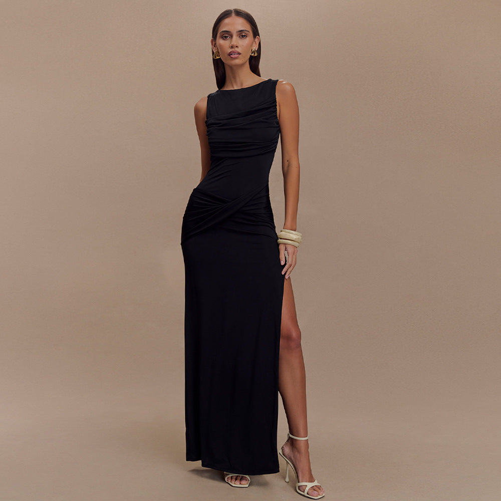 Sleeveless Ruched Backless Maxi Dress - Black