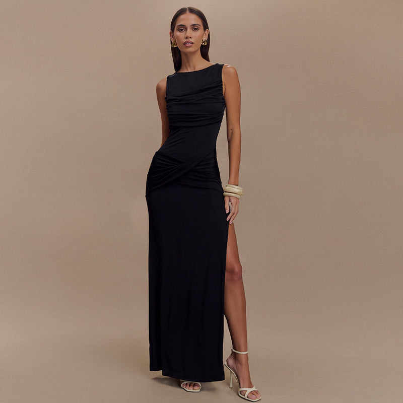 Sleeveless Ruched Backless Maxi Dress - Black
