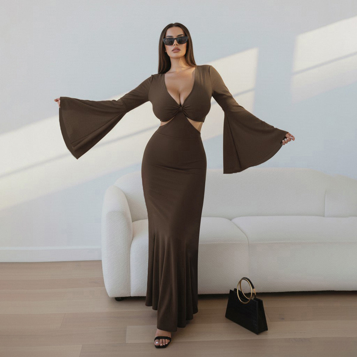 Women's Strapless Bell-Sleeve Bodycon Maxi Evening Dress - Brown - Style 45011
