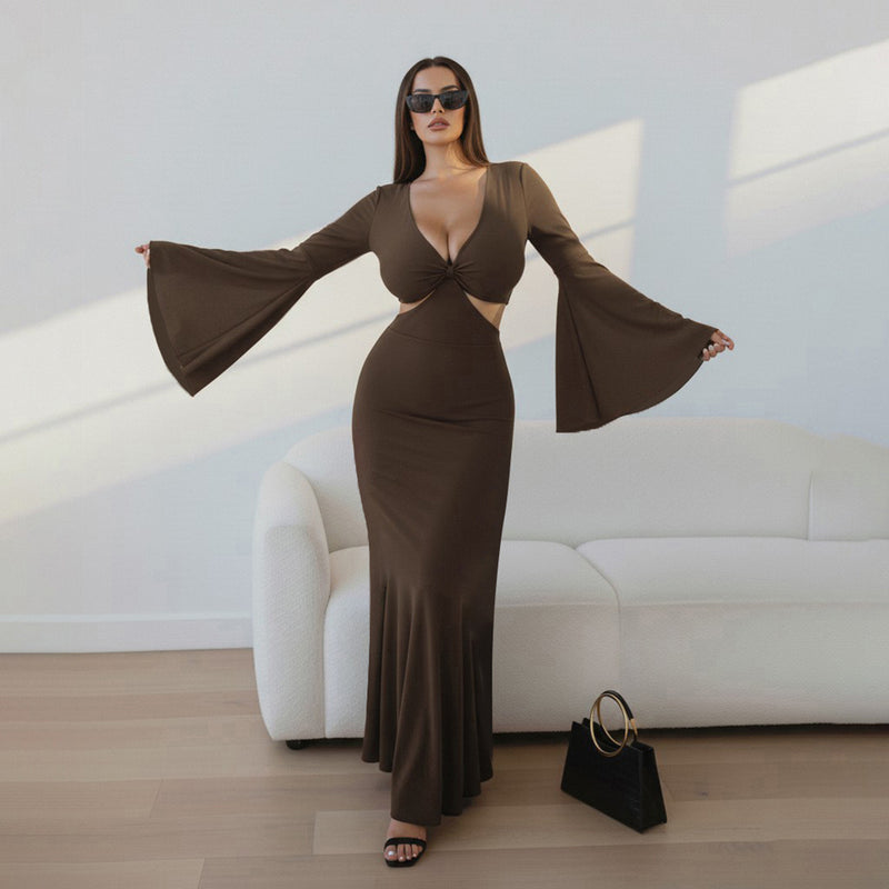 Women's Strapless Bell-Sleeve Bodycon Maxi Evening Dress - Brown - Style 45011