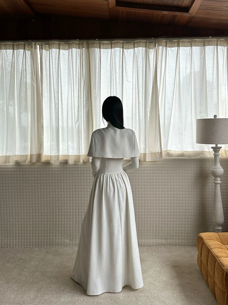 White Square Neck Long Sleeve Maxi Dress with Cape - detail or back view