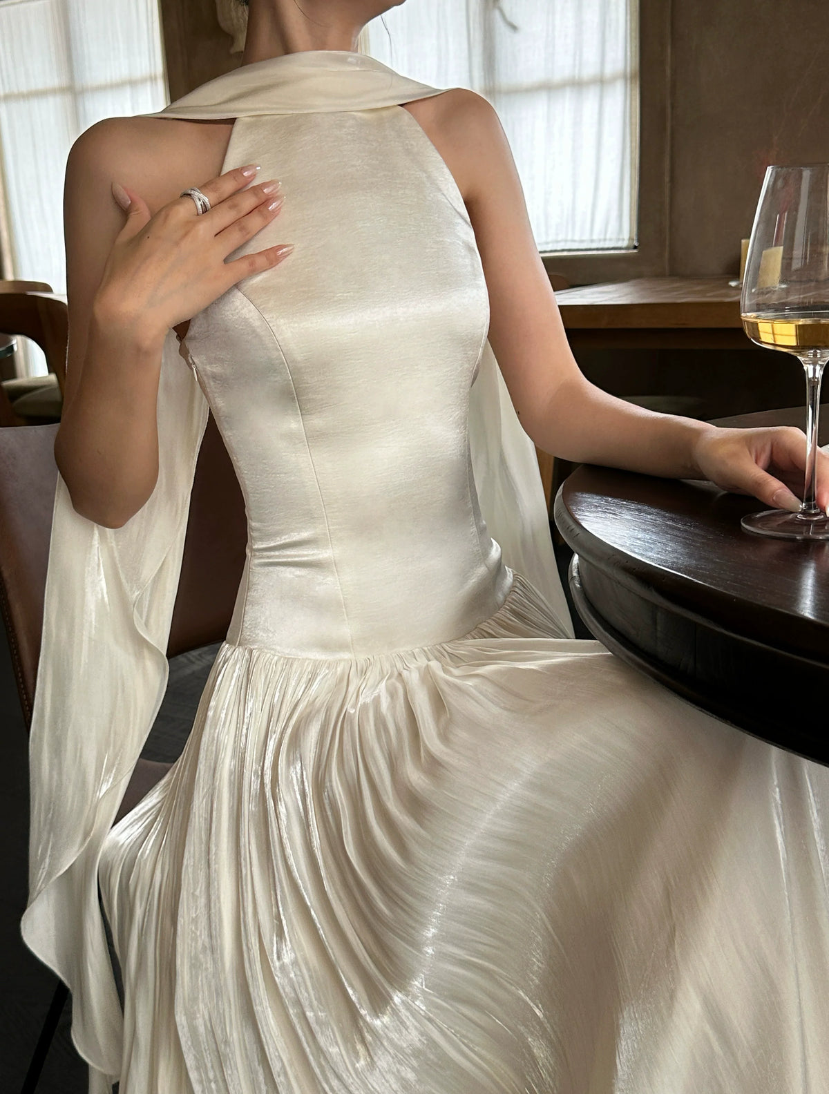 Scarf-Neck Pleated Satin Maxi Dress - detail or back view
