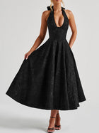 Women's Halter Jacquard Evening Dress with Open Back - Black