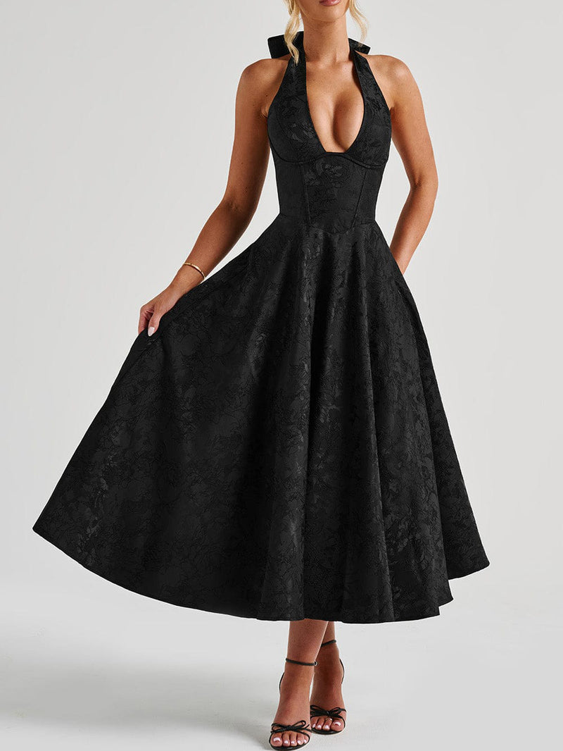 Women's Halter Jacquard Evening Dress with Open Back - Black
