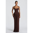 Women's Halter Ruched Maxi Evening Dress - Coffee