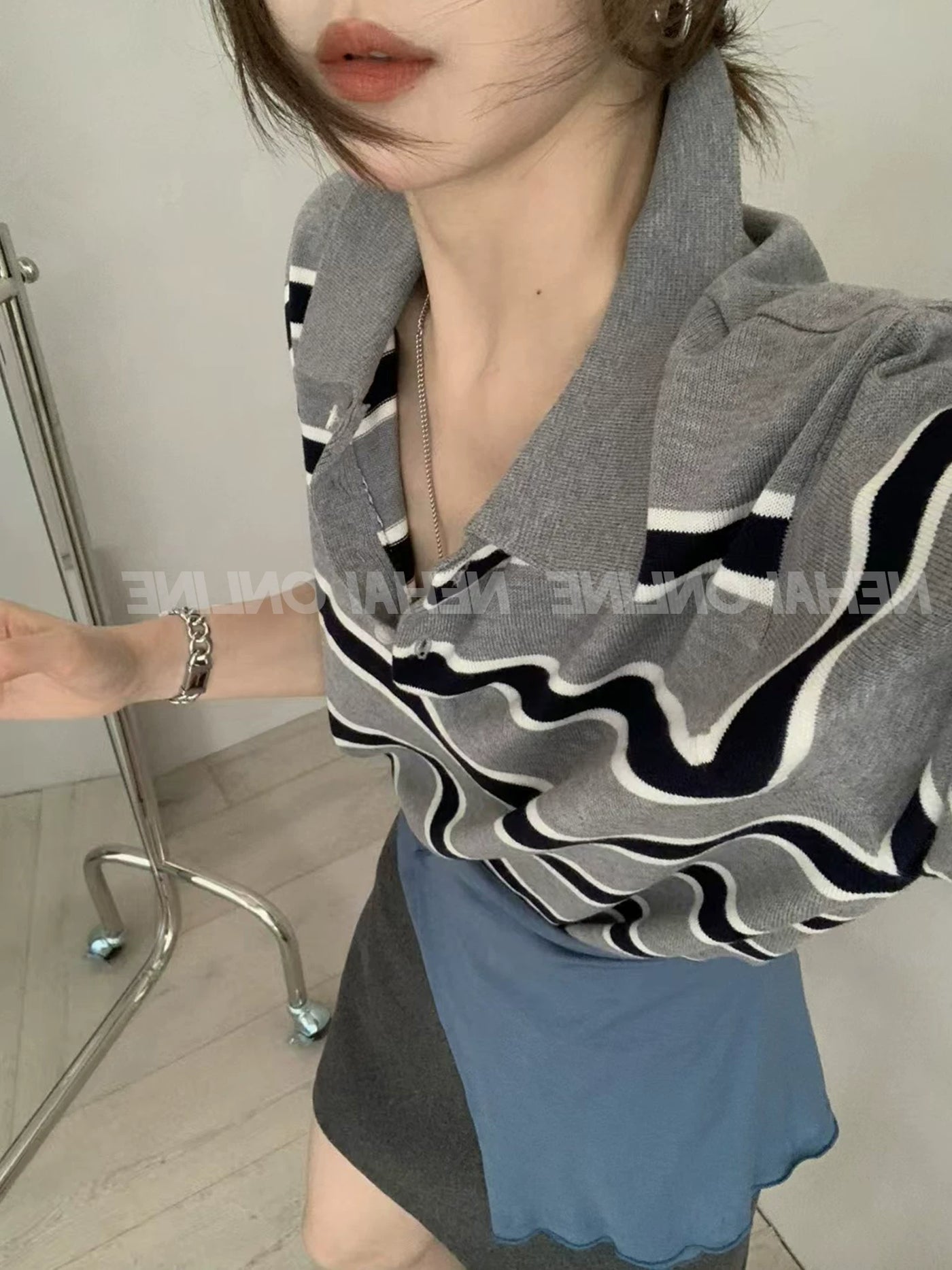 韩系条纹polo翻领针织衫女春秋miu系老钱风宽松毛衣长袖内搭上衣