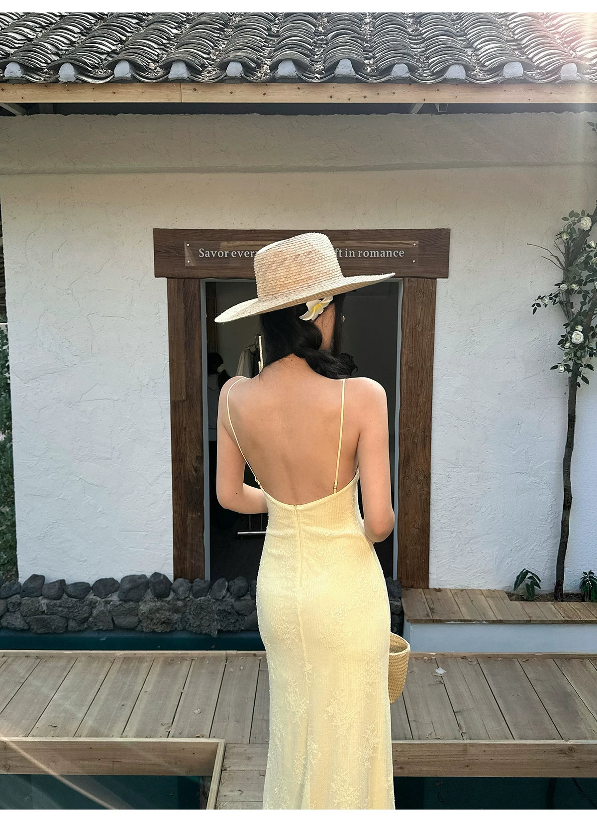 Butter Yellow Keyhole Lace Slip Maxi Dress - detail or back view