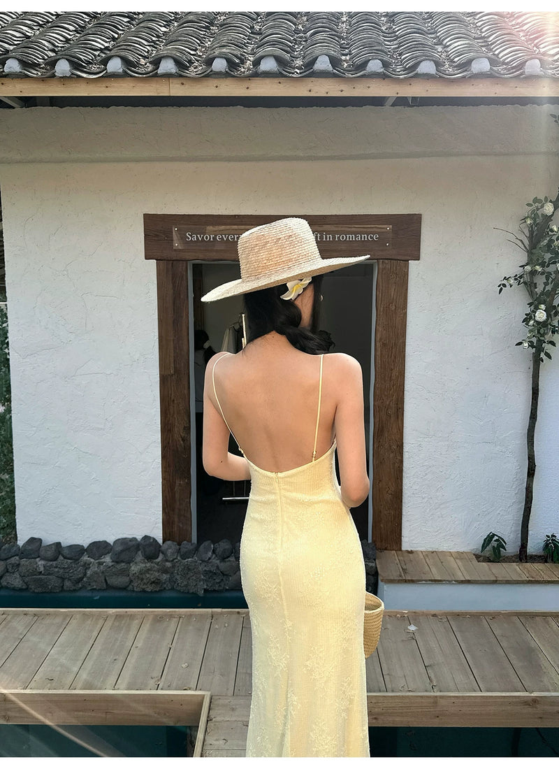 Butter Yellow Keyhole Lace Slip Maxi Dress - detail or back view