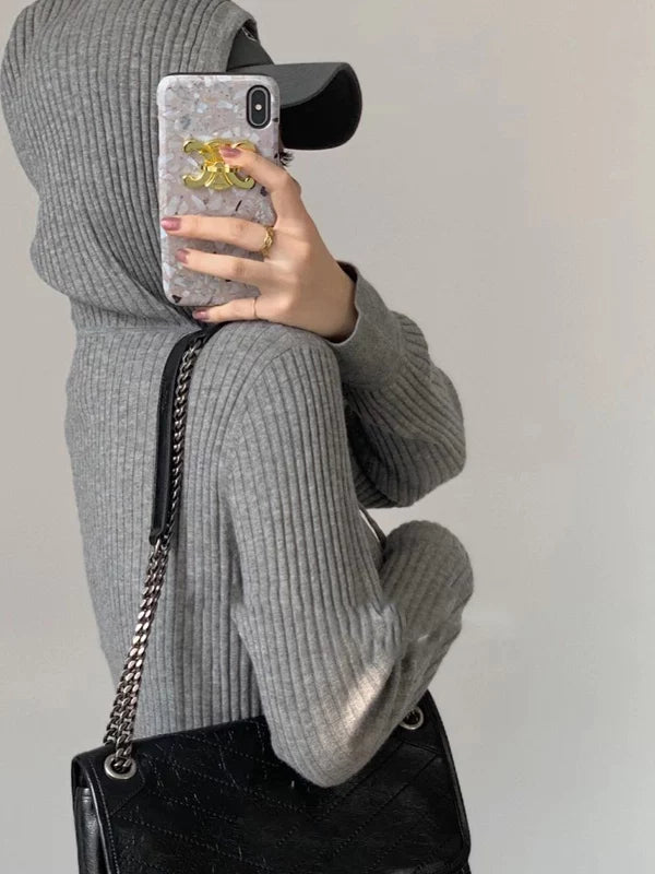 蓝色拉链毛衣外套女秋冬新款超好看针织开衫连帽卫衣内搭打底上衣