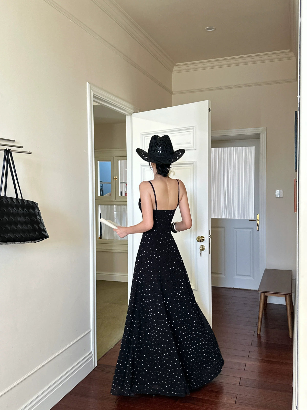 Black Polka Dot Lace Up Maxi Dress - detail or back view