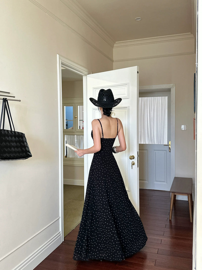Black Polka Dot Lace Up Maxi Dress - detail or back view