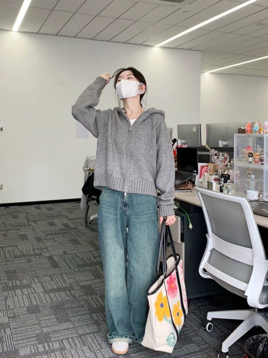 潮牌学生连帽卫衣针织开衫毛衣女秋冬时尚软糯纯色百搭外套上衣厚
