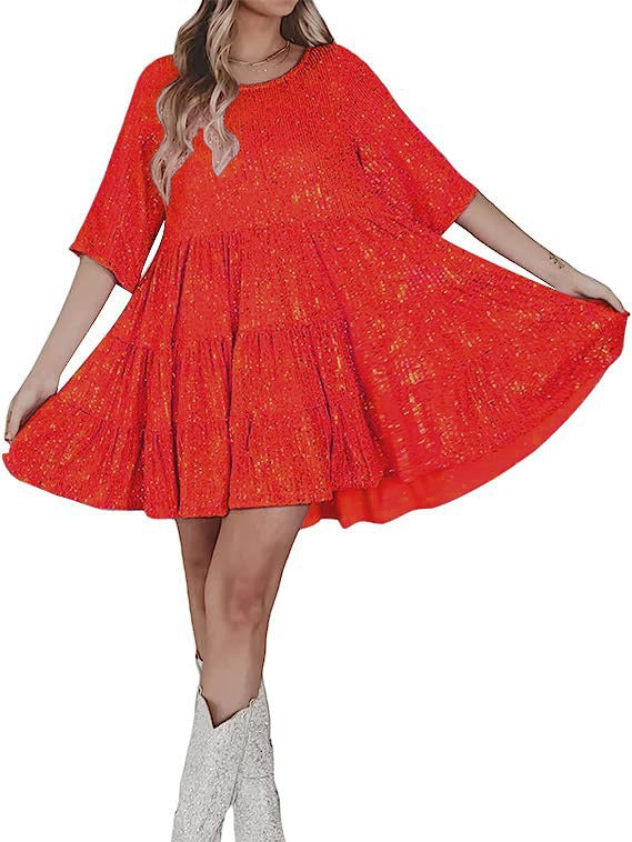 Women's Round-Neck Short-Sleeve Sequin Evening Dress