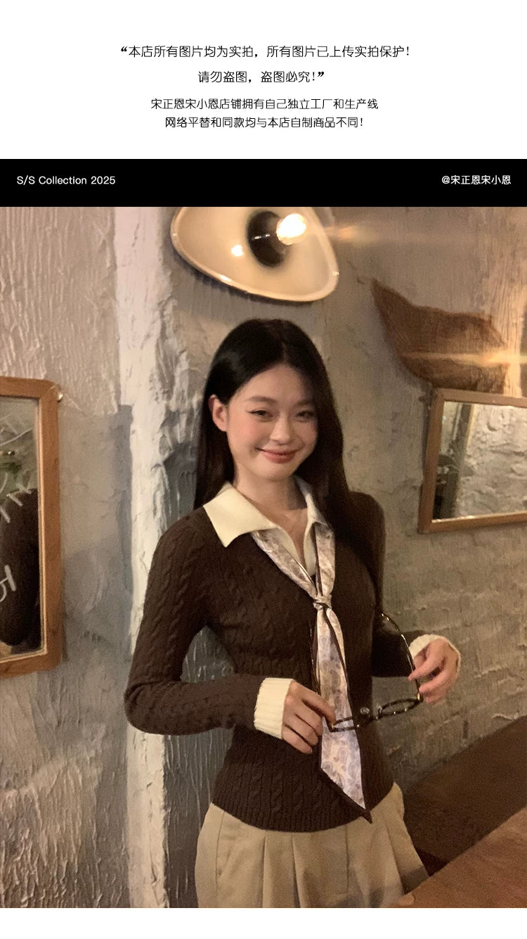 宋正恩咖色Polo领假两件针织衫女毛衣秋季内搭修身短款长袖小上衣