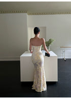Yellow Floral Applique Strapless Mermaid Maxi Dress - detail or back view