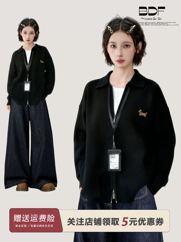 黑色polo翻领双拉链毛衣外套女秋冬秋季加厚宽松慵懒针织开衫上衣