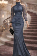 Women's Halter Long-Sleeve Tulle Maxi Evening Dress - Gray