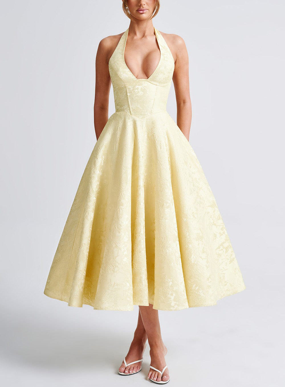 Women's Halter Jacquard Evening Dress with Open Back