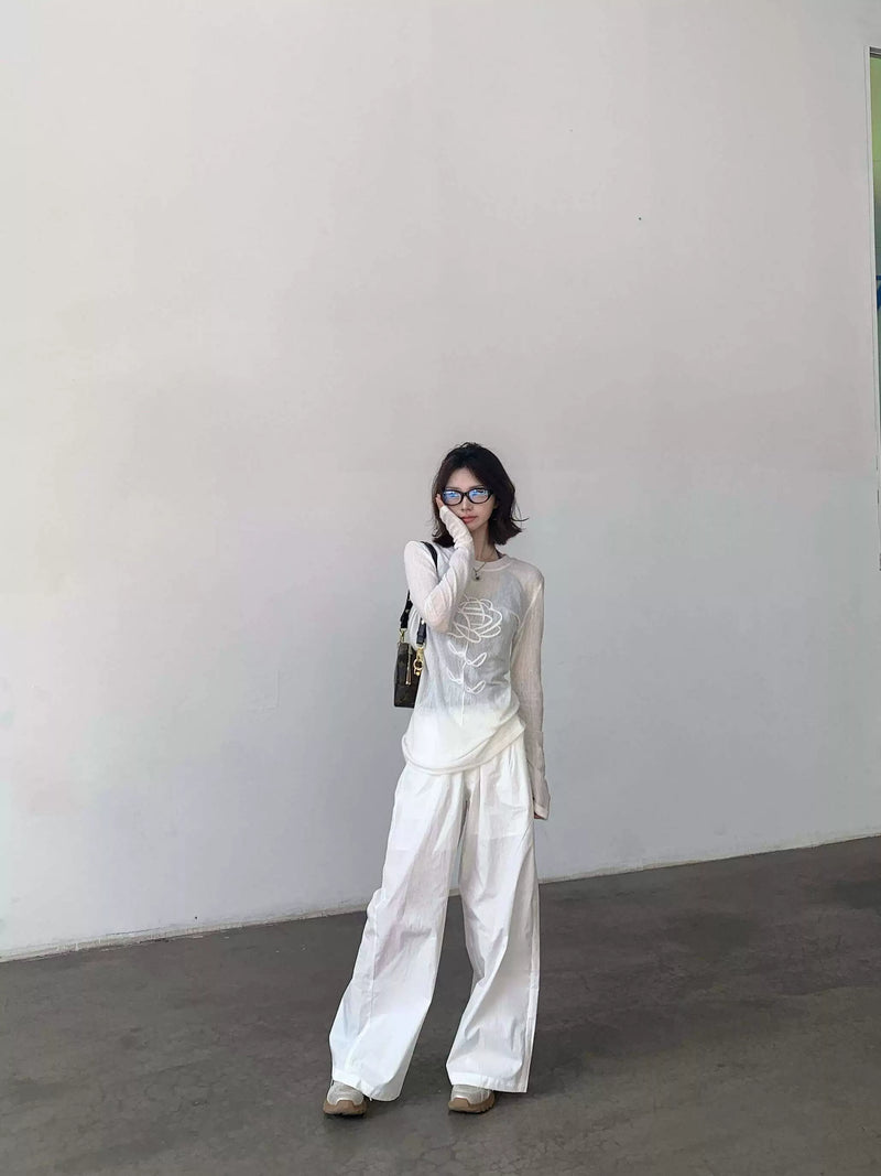 立体印花长袖T恤女设计感小众显瘦弹力薄款防晒罩衫微透网纱上衣