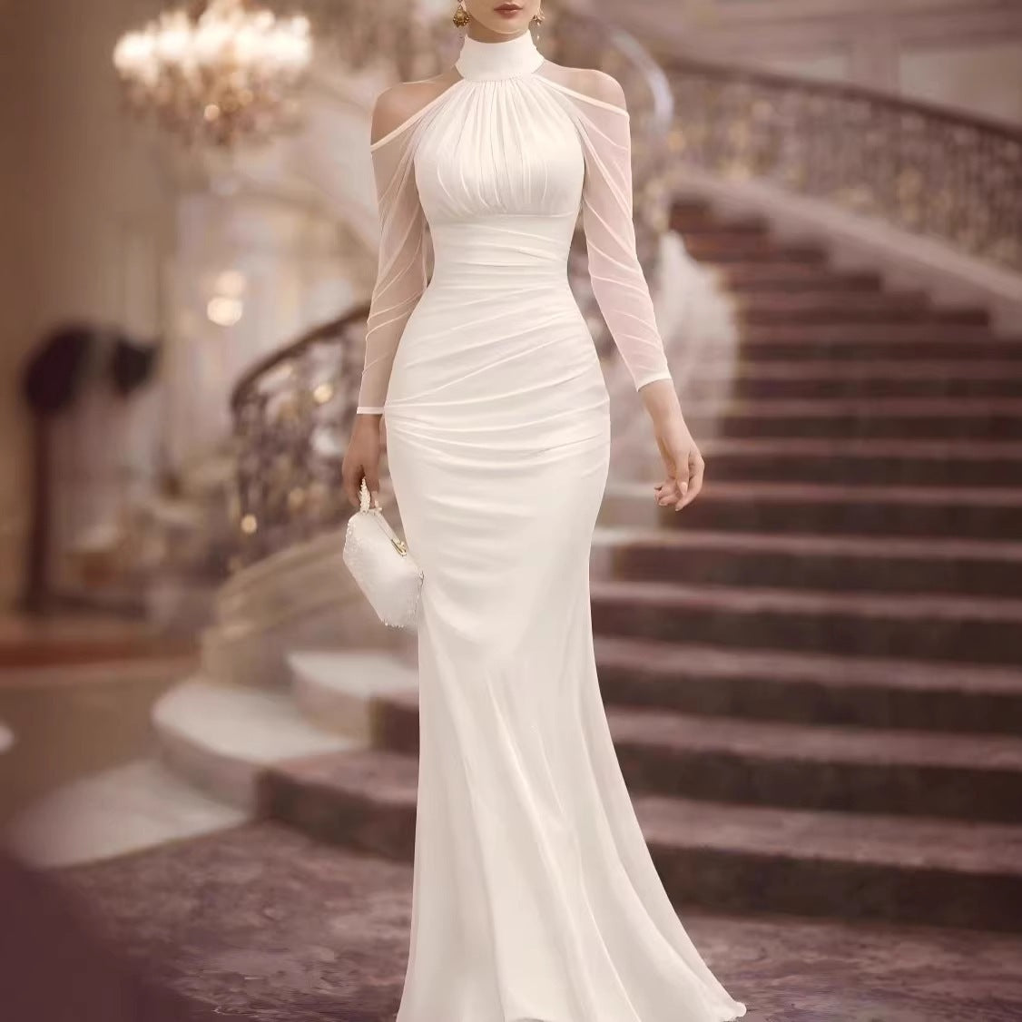 Women's Halter Long-Sleeve Tulle Maxi Evening Dress