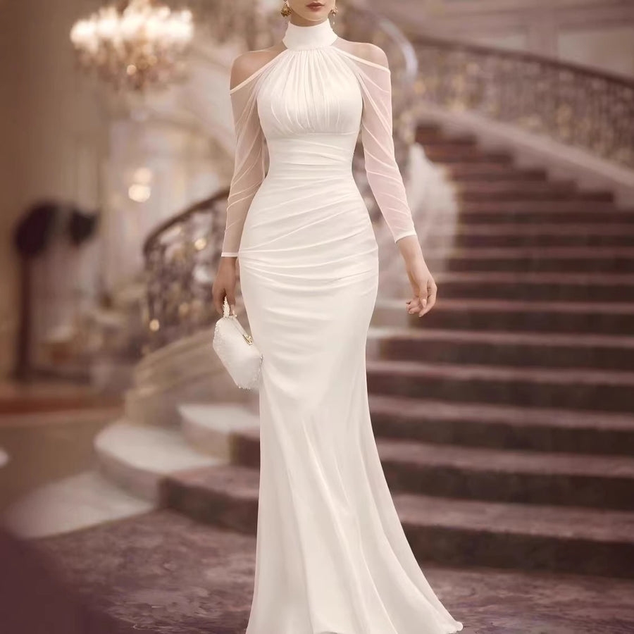Women's Halter Long-Sleeve Tulle Maxi Evening Dress
