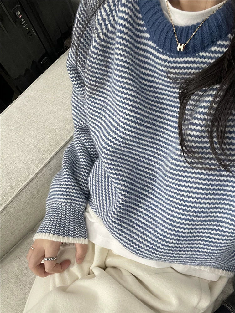 蓝色条纹毛衣女秋冬季2026新款韩系慵懒风撞色针织衫内搭打底上衣