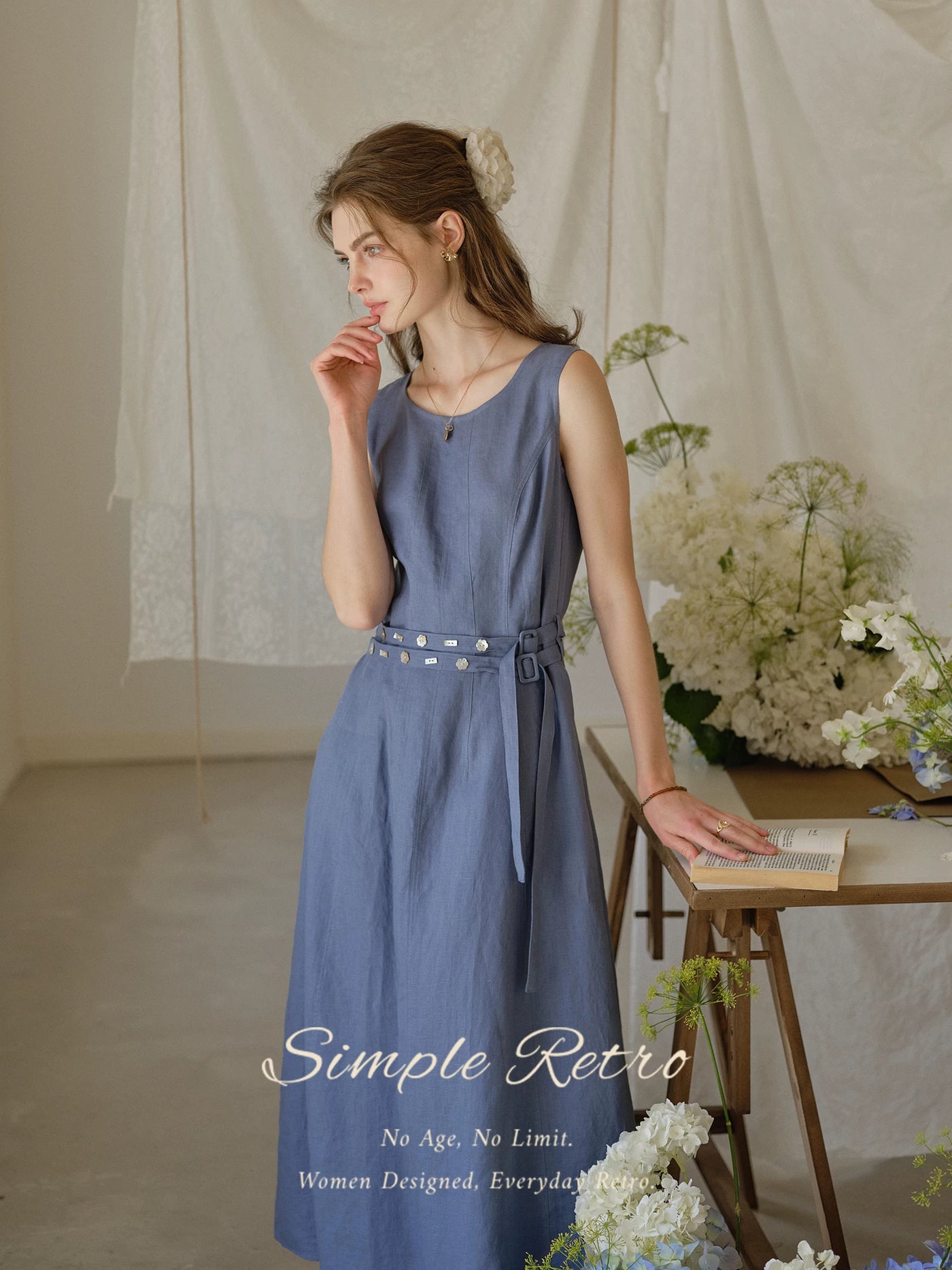 Women's Linen Lyocell Blend Sleeveless Midi Dress | A-Line Belted Dress