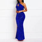 Women's One-Shoulder Sequin Mermaid Evening Dress with Open Back - Blue