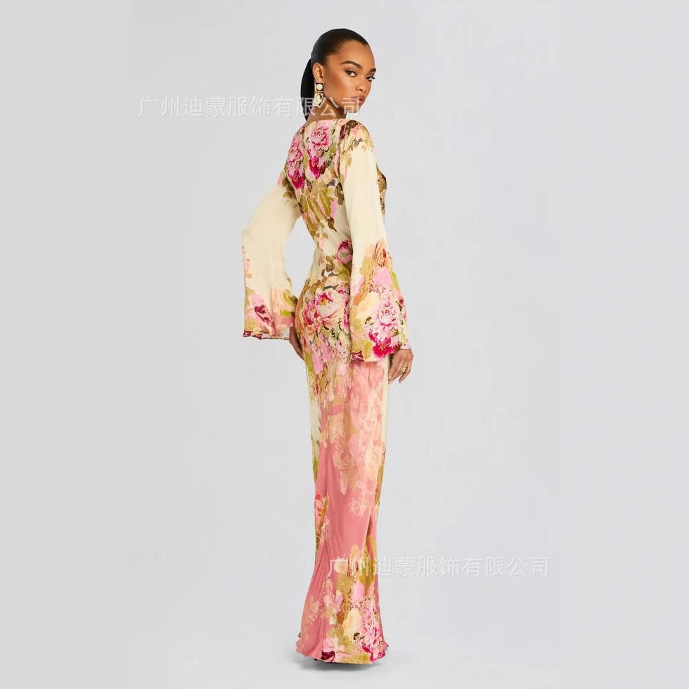 Floral Bell-Sleeve Maxi Evening Dress