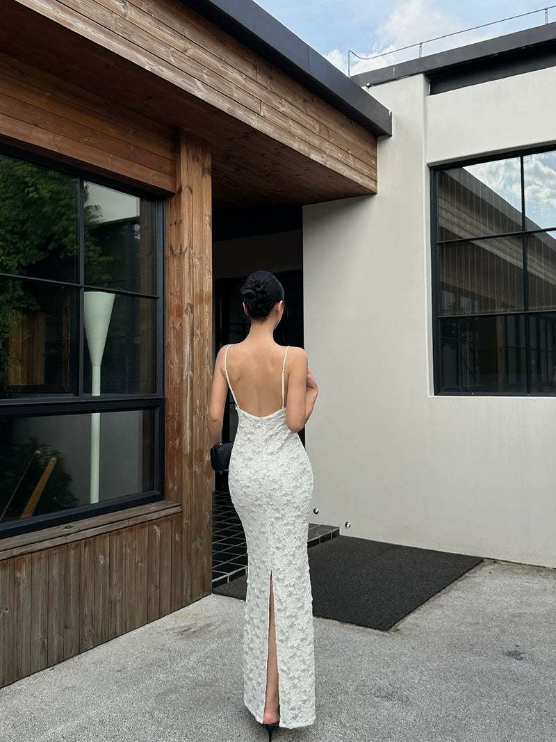 Ivory Floral Lace Spaghetti Strap Maxi Dress - detail or back view