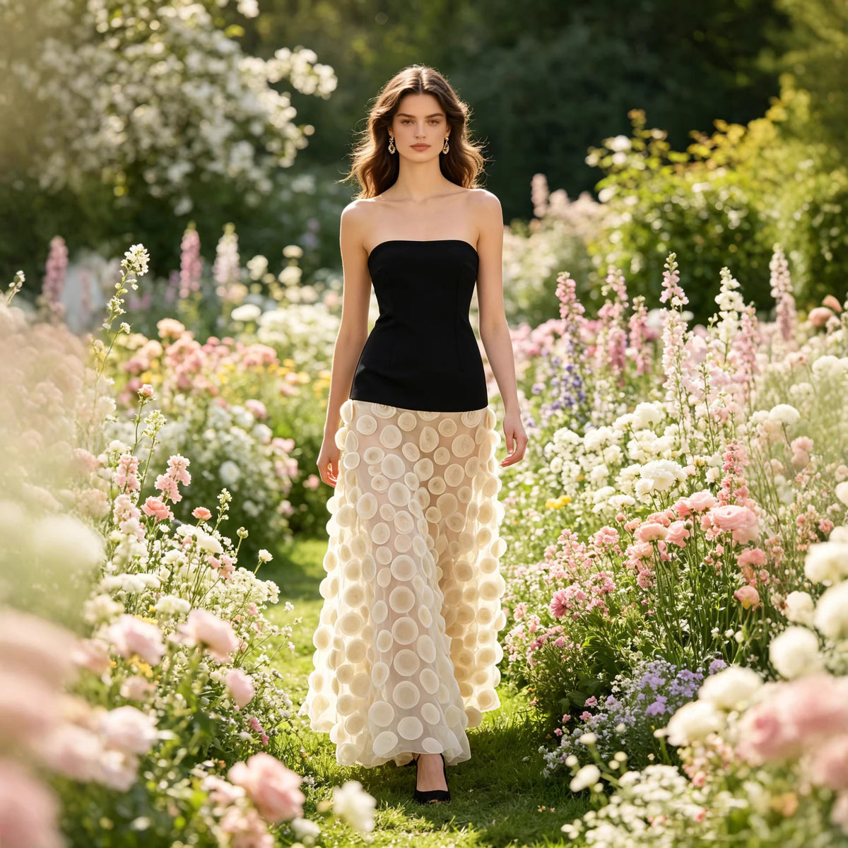 Women's Strapless Mesh Maxi Evening Dress