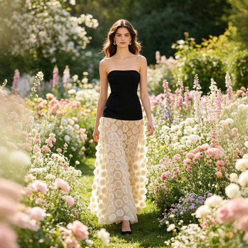 Women's Strapless Mesh Maxi Evening Dress