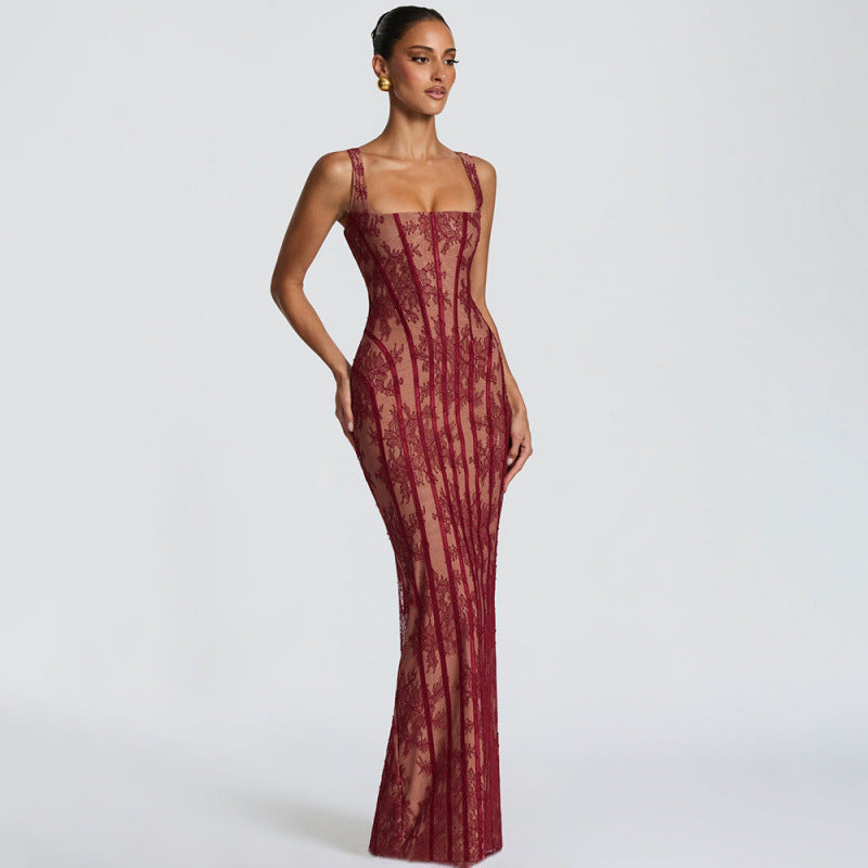 Women's Spaghetti-Strap Lace Maxi Evening Dress