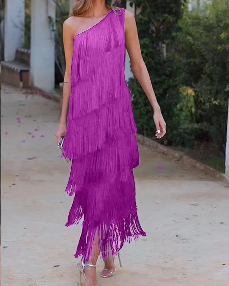 Women's One-Shoulder Fringe Evening Dress - Purple