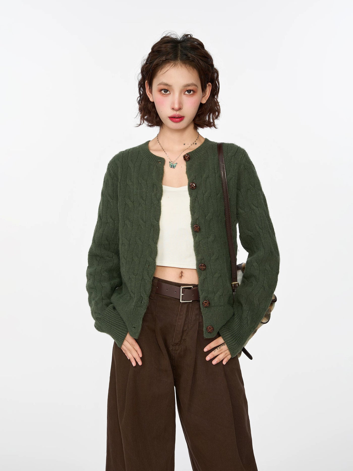 绿色麻花毛衣开衫外套女早春春季韩系内搭打底短款针织衫长袖上衣