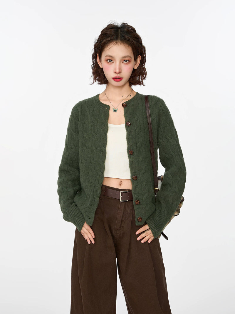 绿色麻花毛衣开衫外套女早春春季韩系内搭打底短款针织衫长袖上衣
