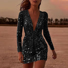 Women's Deep V-Neck Long-Sleeve Sequin Mini Dress - Black