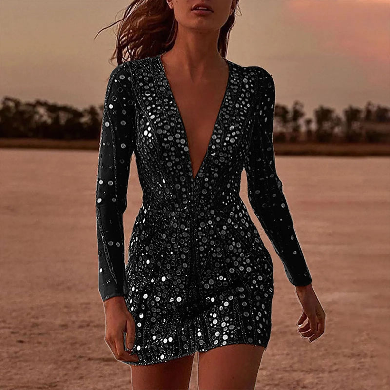Women's Deep V-Neck Long-Sleeve Sequin Mini Dress - Black