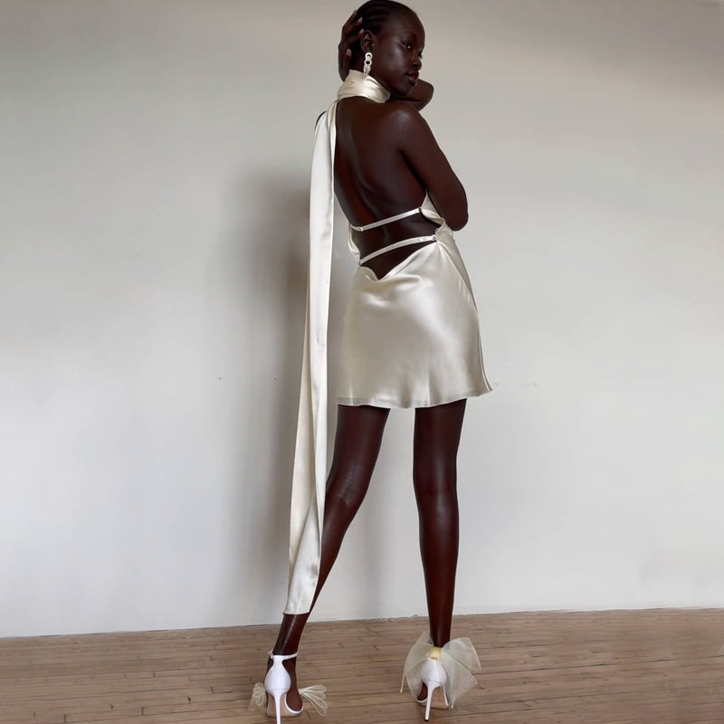 Women's Halter Satin Mini Cocktail Dress with Open Back