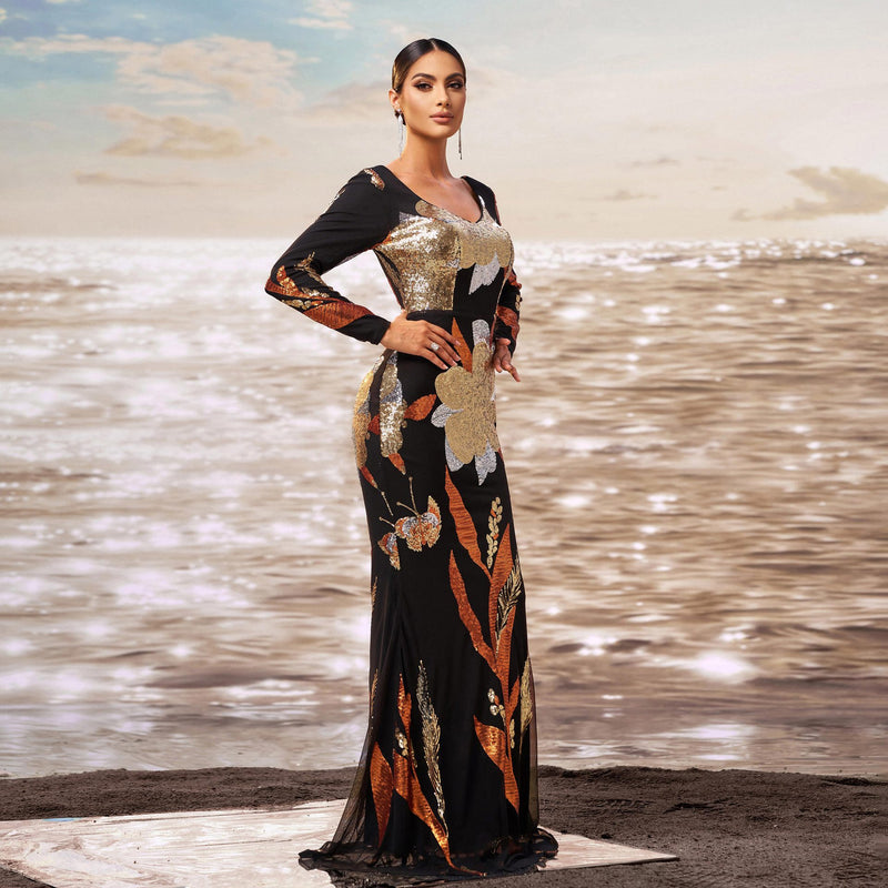 Women's V-Neck Long-Sleeve Sequin Mermaid Evening Dress