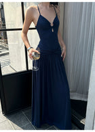 Navy Ring Front Ruched Drop Waist Maxi Dress - detail or back view