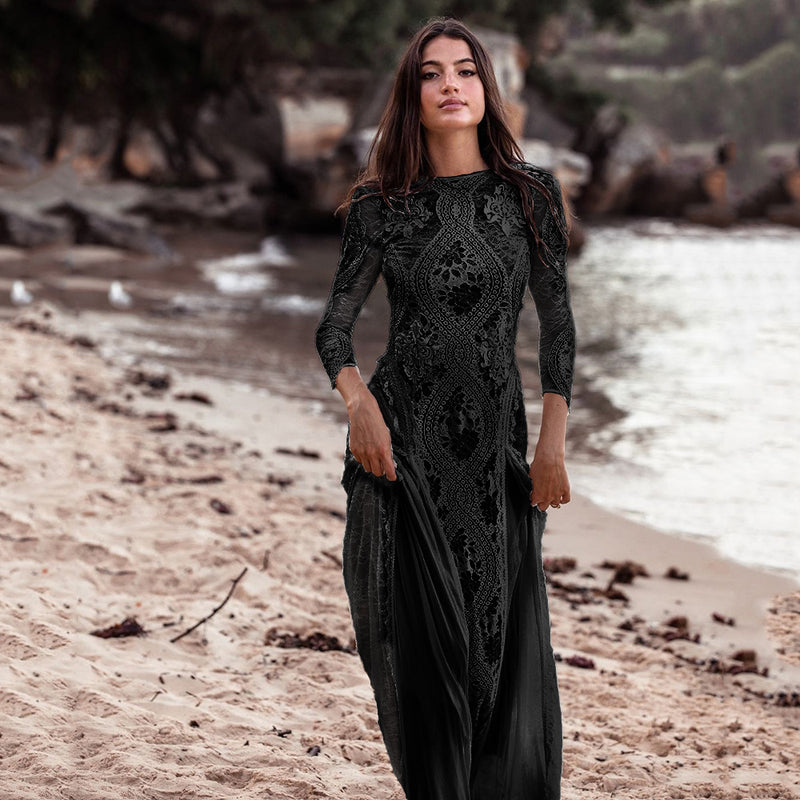 Women's Round-Neck Long-Sleeve Lace Floral Wedding Dress with Open Back - Black
