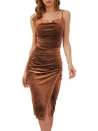 Women's Spaghetti-Strap Velvet Ruched Evening Dress with Slit - Coral