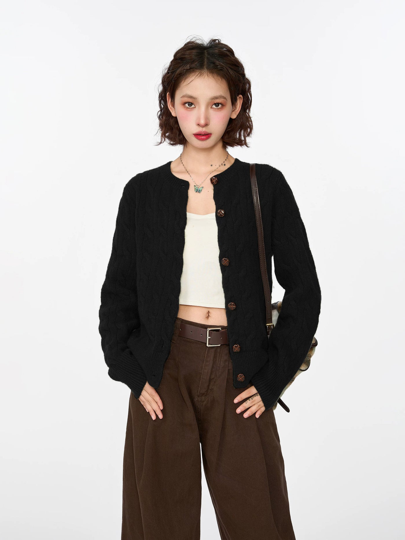 绿色麻花毛衣开衫外套女早春春季韩系内搭打底短款针织衫长袖上衣