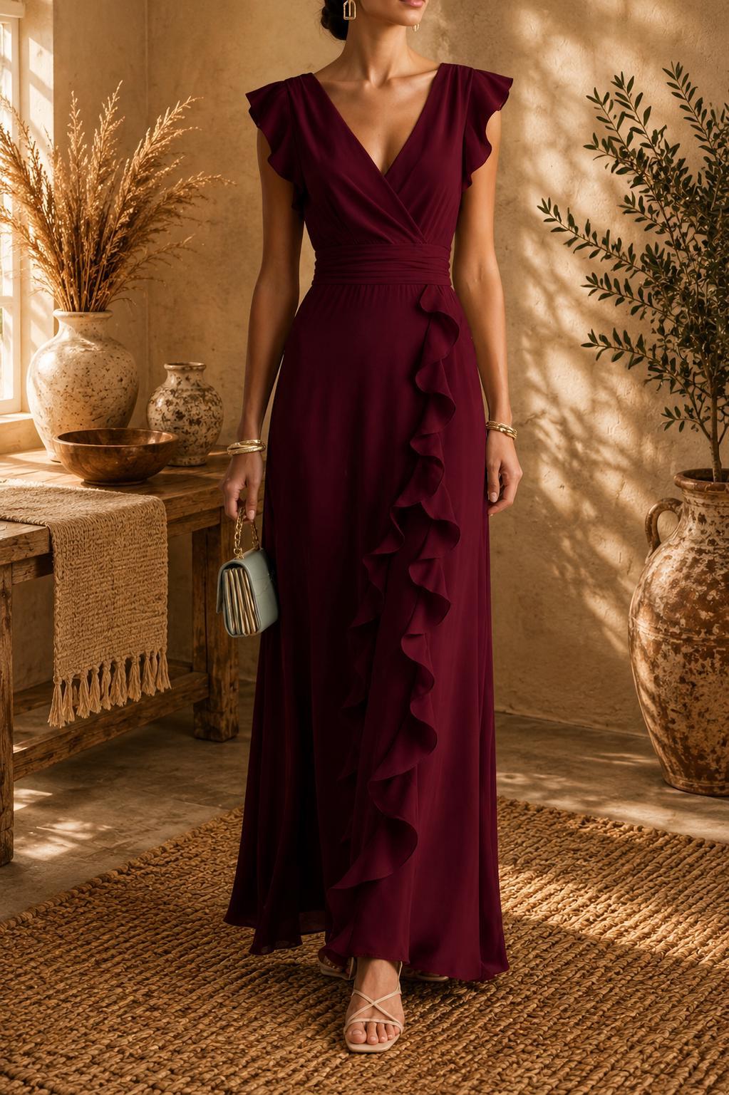 Women's V-Neck Maxi Evening Dress - Burgundy