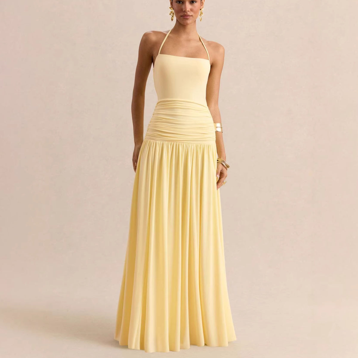 Women's Halter Ruched Evening Dress with Open Back - Light Yellow
