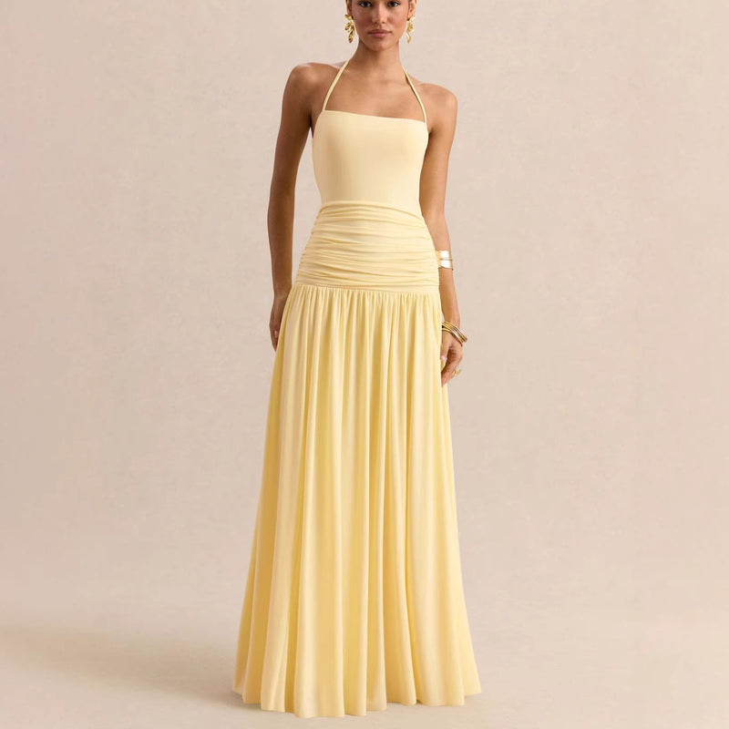 Women's Halter Ruched Evening Dress with Open Back - Light Yellow